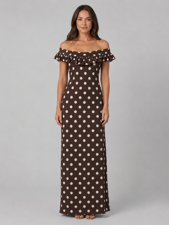 Women's Polka Dot Maxi Dress - Off-Shoulder Ruffle Neckline product image | Invictora.com