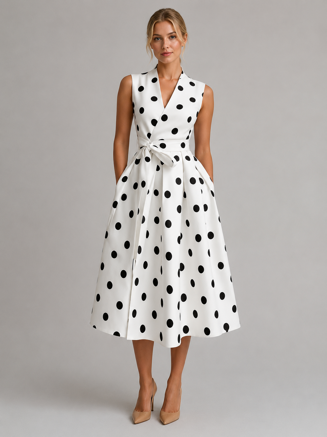Women's Polka Dot Midi Dress - Sleeveless V-Neck Summer Style product image | Invictora.com