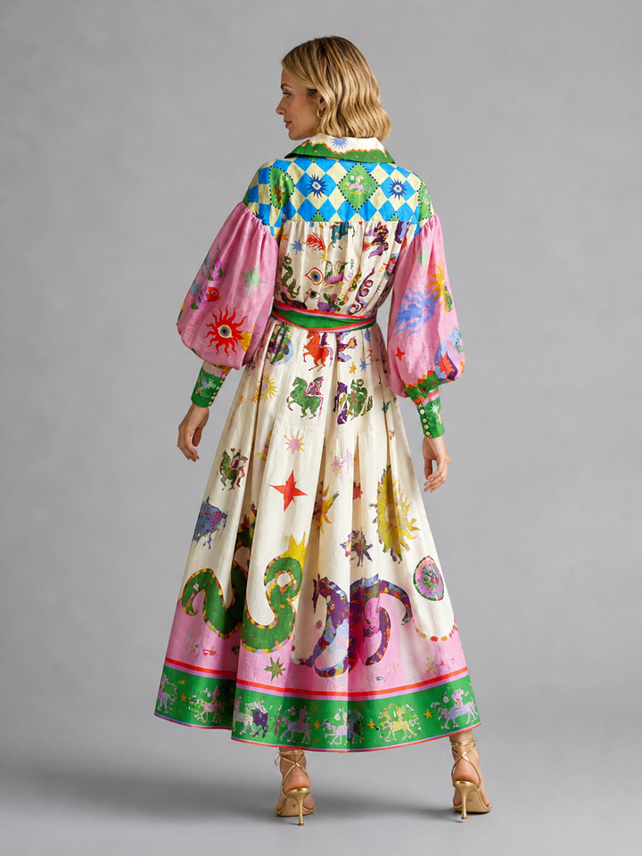 Women's Printed Maxi Shirt Dress – Belted Artistic Summer Style | Invictora.com