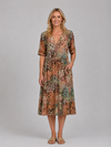 Women's Printed V-Neck Midi Dress – Relaxed Pocket Dress in Beige | Invictora.com