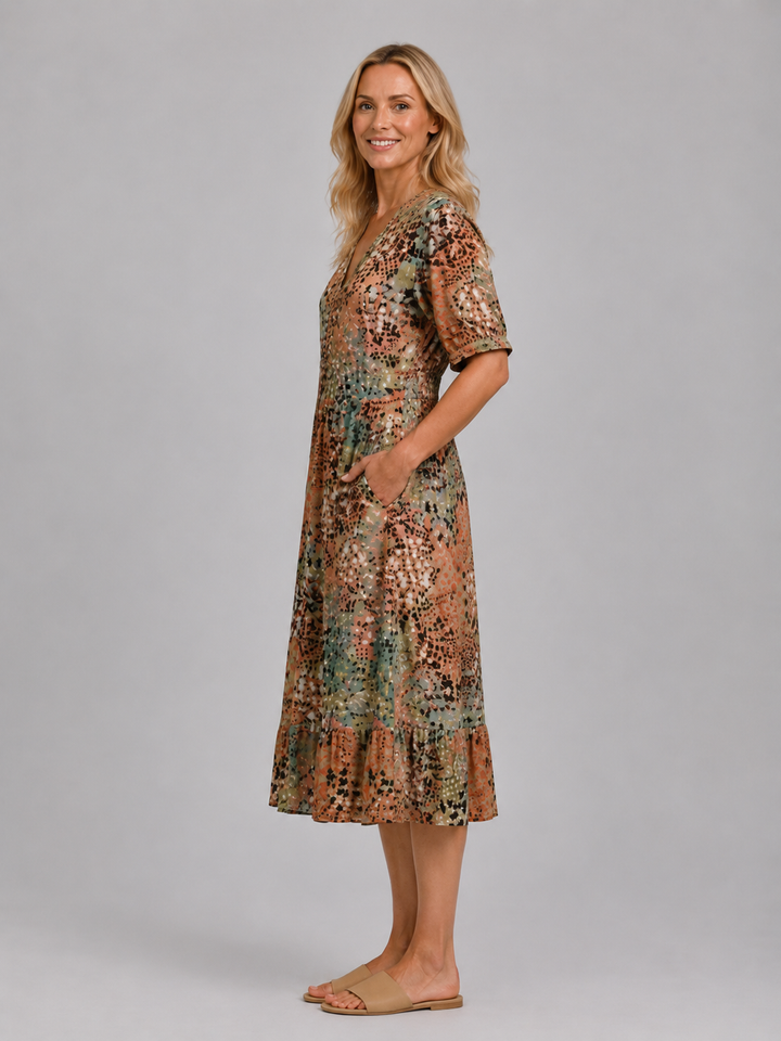 Women's Printed V-Neck Midi Dress – Relaxed Pocket Dress in Beige | Invictora.com