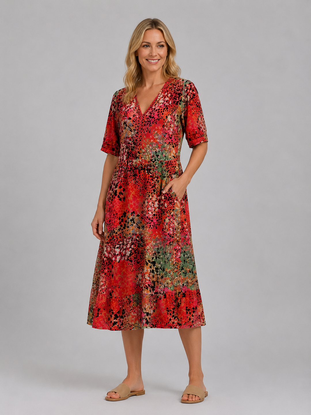 Women's Printed V-Neck Midi Dress – Relaxed Pocket Dress in Beige | Invictora.com
