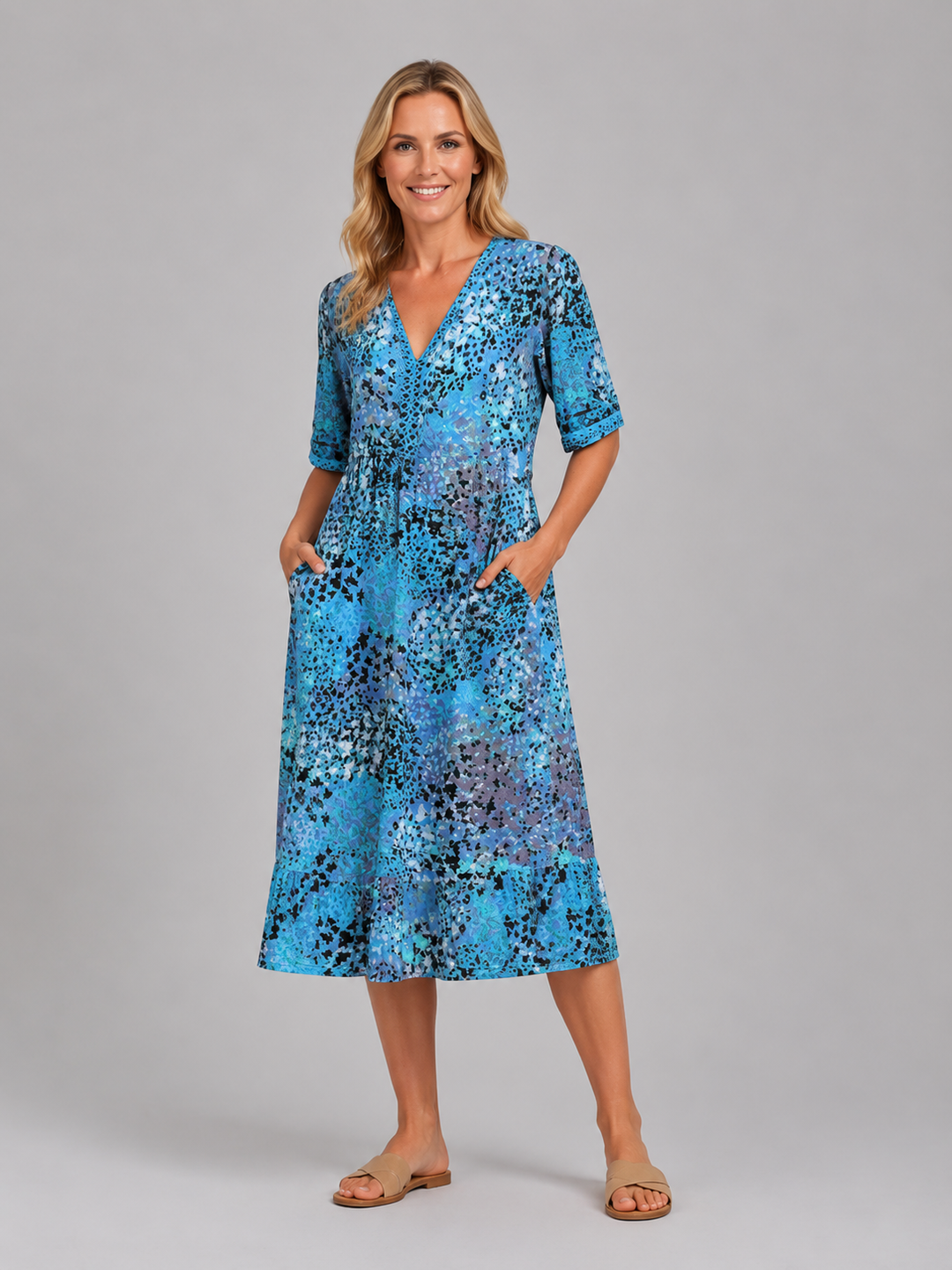 Women's Printed V-Neck Midi Dress – Relaxed Pocket Dress | Invictora.com