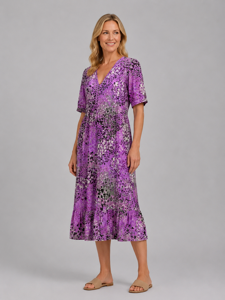 Women's Printed V-Neck Midi Dress – Relaxed Pocket Dress in Red | Invictora.com