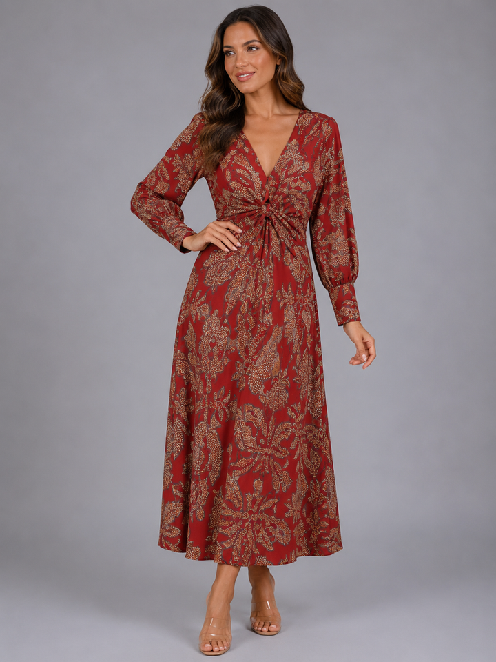 Women's Printed V-Neck Midi Dress – Wedding Guest Occasion in Blue | Invictora.com