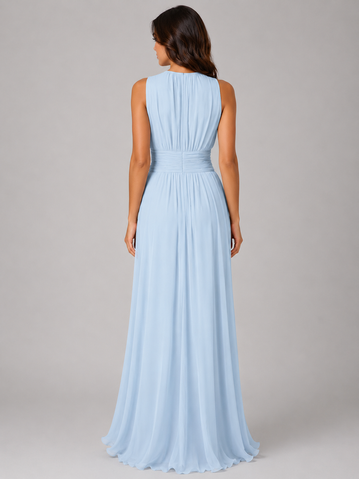 Women's Ruched Chiffon Maxi Dress – Flowing Silhouette in Light Blue | Invictora.com