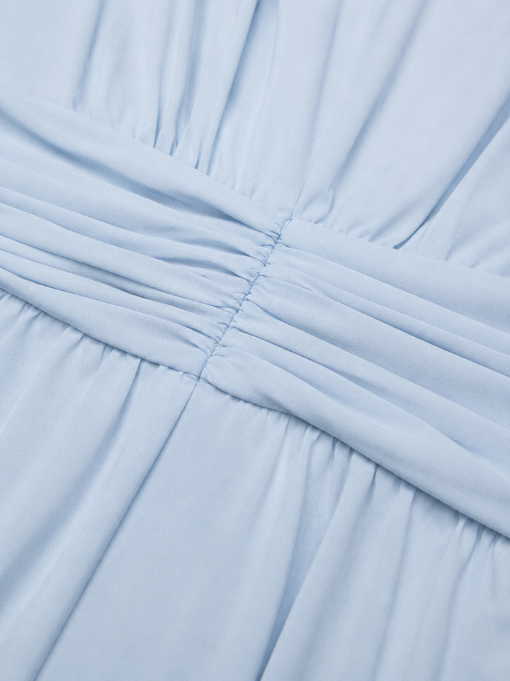 Women's Ruched Chiffon Maxi Dress – Flowing Silhouette in Light Blue | Invictora.com