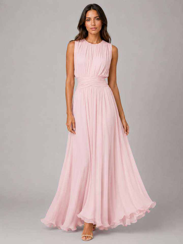 Women's Ruched Chiffon Maxi Dress – Flowing Silhouette in Yellow | Invictora.com