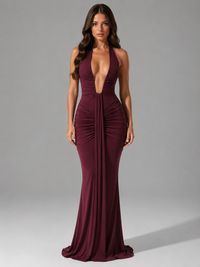 Women's Ruched Halterneck Maxi Dress – Elegant Evening Gown