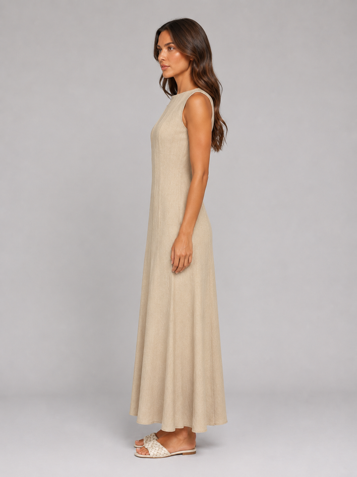 Women's Ruched Sleeveless A-Line Maxi Dress – Relaxed Summer Style in Beige | Invictora.com