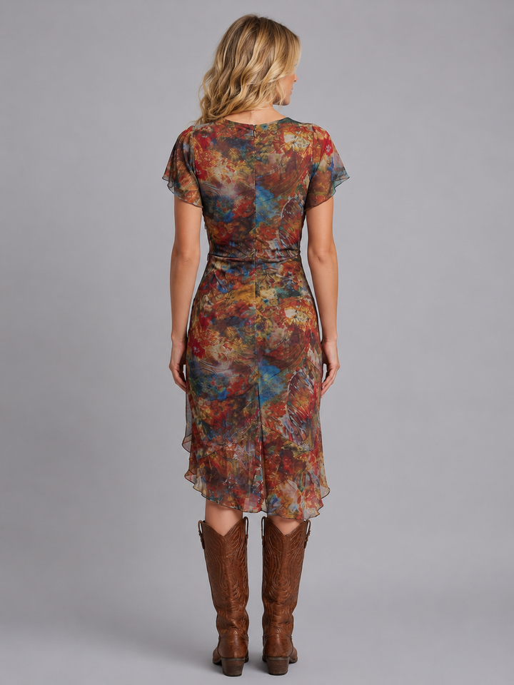 Women's Ruffle Sleeve Midi Dress - Ruched Side Split Boho Style product image | Invictora.com