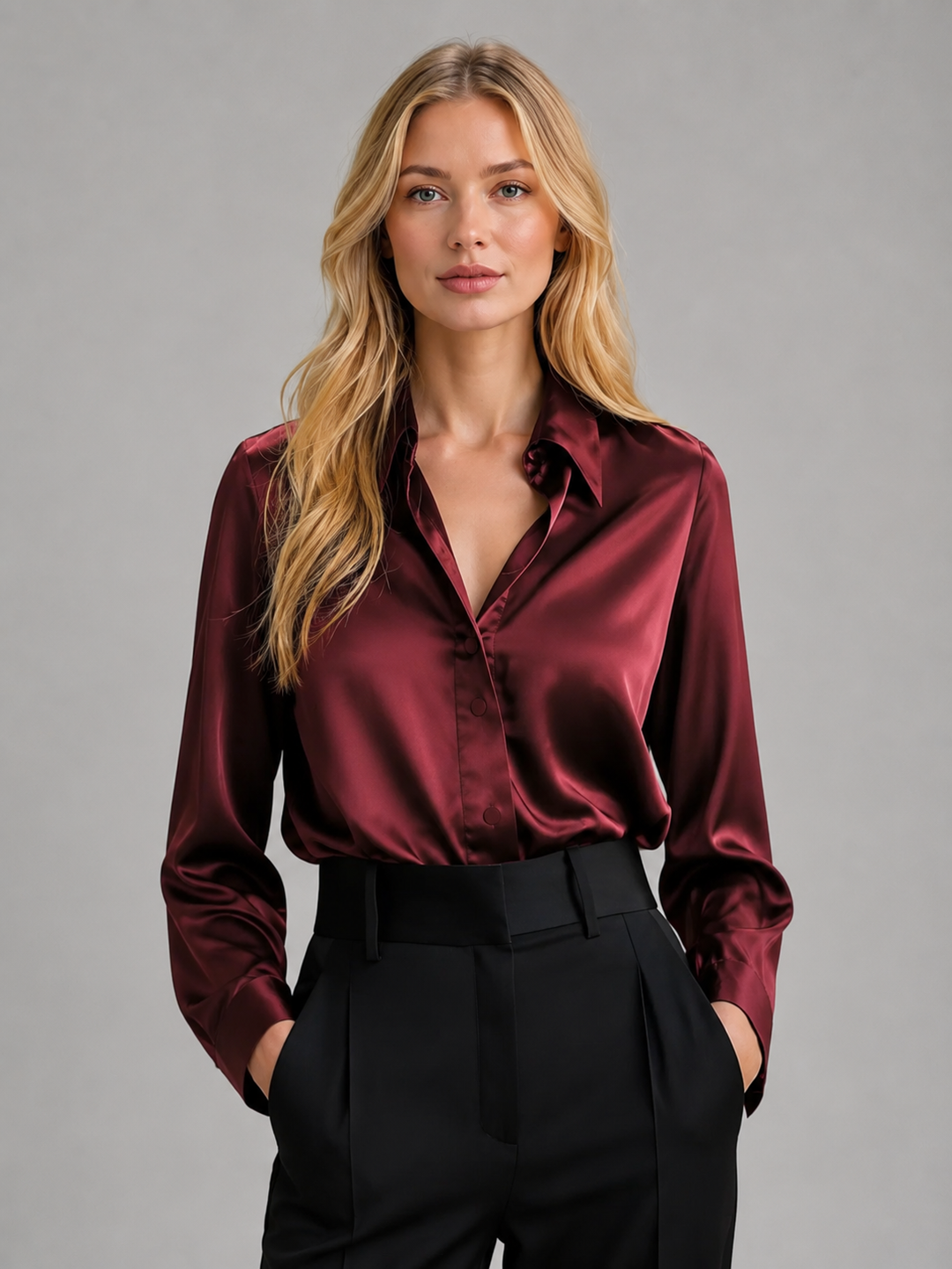 Women's Satin-Feel Blouse – Elegant Silky Drape in Wine Red | Invictora.com