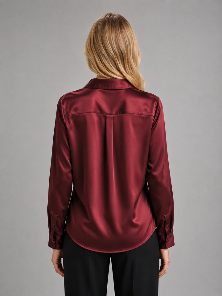 Women's Satin-Feel Blouse – Elegant Silky Drape in Wine Red | Invictora.com