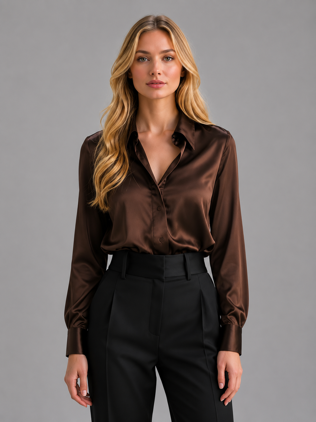Women's Satin-Feel Blouse – Elegant Silky Drape in Black | Invictora.com
