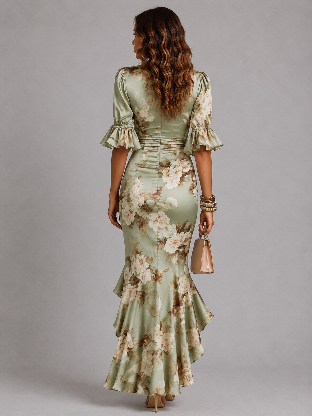Women's Satin Feel Floral Maxi Dress – Ruched Waist Flowing Silhouette in Green | Invictora.com