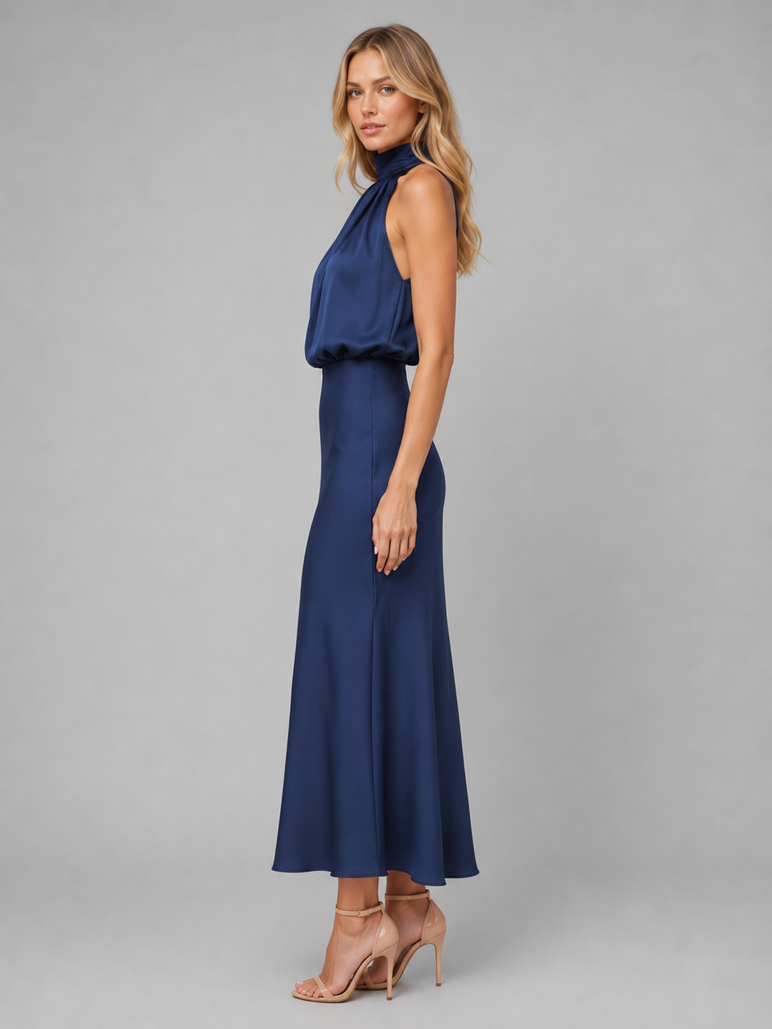 Women's Satin Feel High Neck Midi Dress – Wedding Guest in Navy | Invictora.com