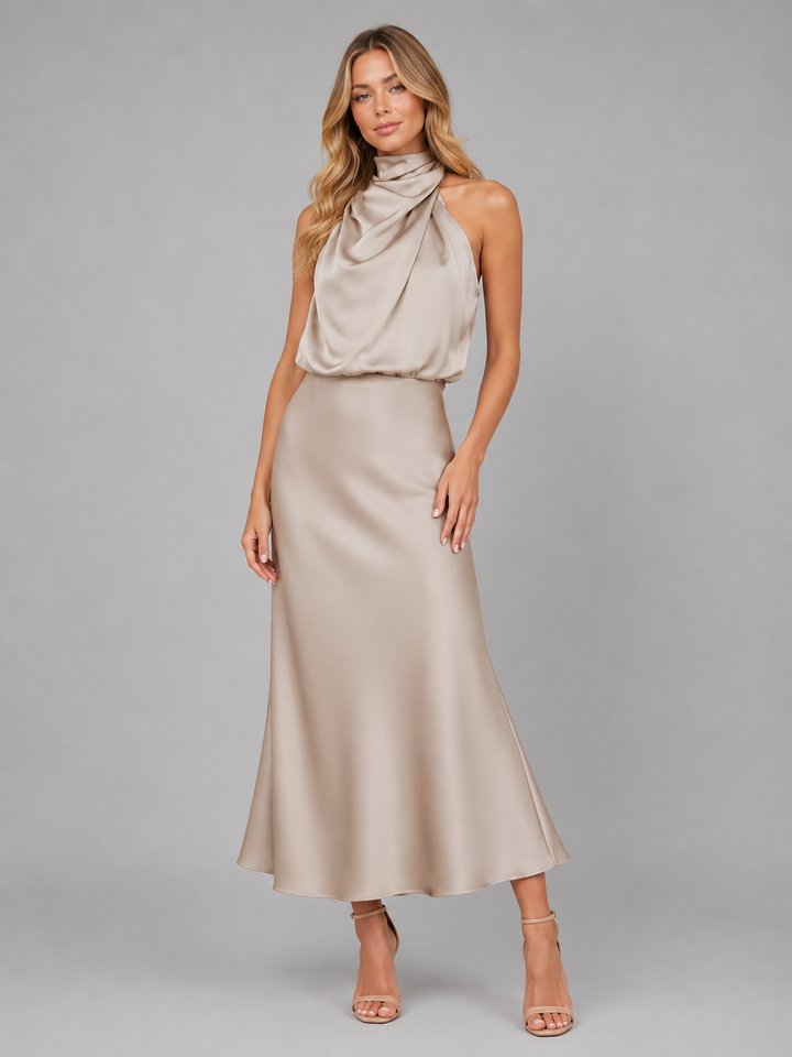 Women's Satin Feel High Neck Midi Dress – Wedding Guest in Black | Invictora.com