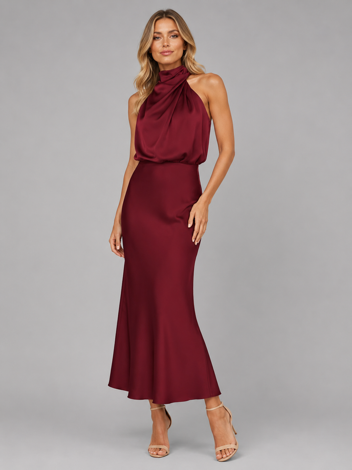 Women's Satin Feel High Neck Midi Dress – Wedding Guest in Black | Invictora.com