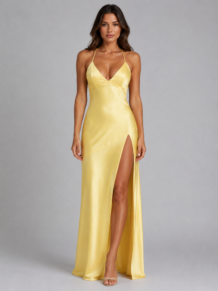 Women's Satin Feel High Split Maxi Dress - Elegant Occasion Gown product image | Invictora.com