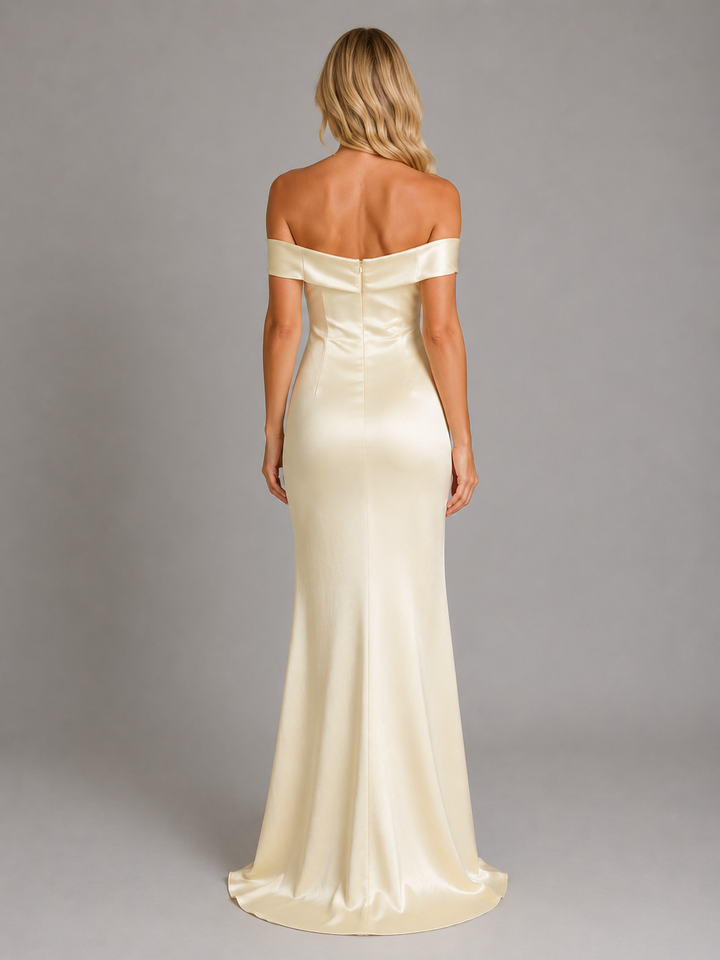 Women's Satin Feel Off-Shoulder Maxi Dress – Evening Gown in Yellow | Invictora.com