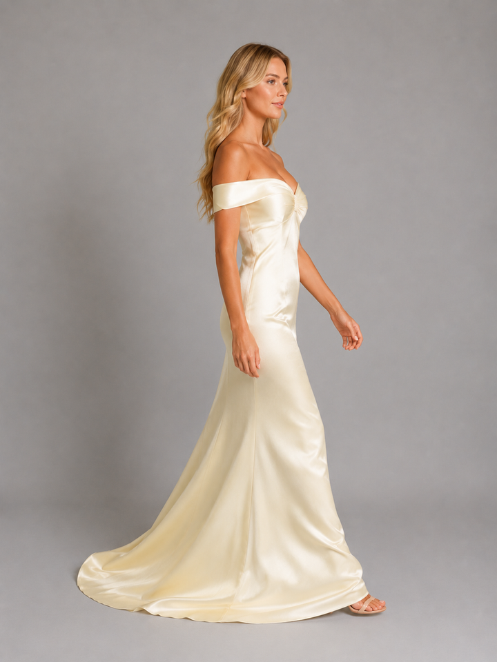Women's Satin Feel Off-Shoulder Maxi Dress – Evening Gown in Yellow | Invictora.com
