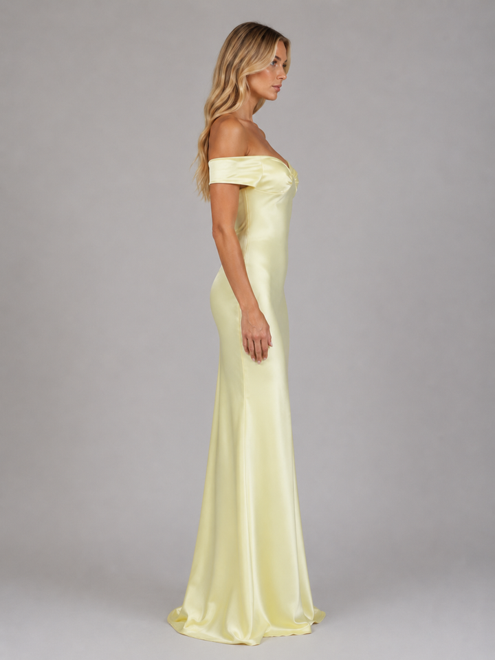 Women's Satin Feel Off Shoulder Maxi Dress – Wedding Guest Gown in Yellow | Invictora.com