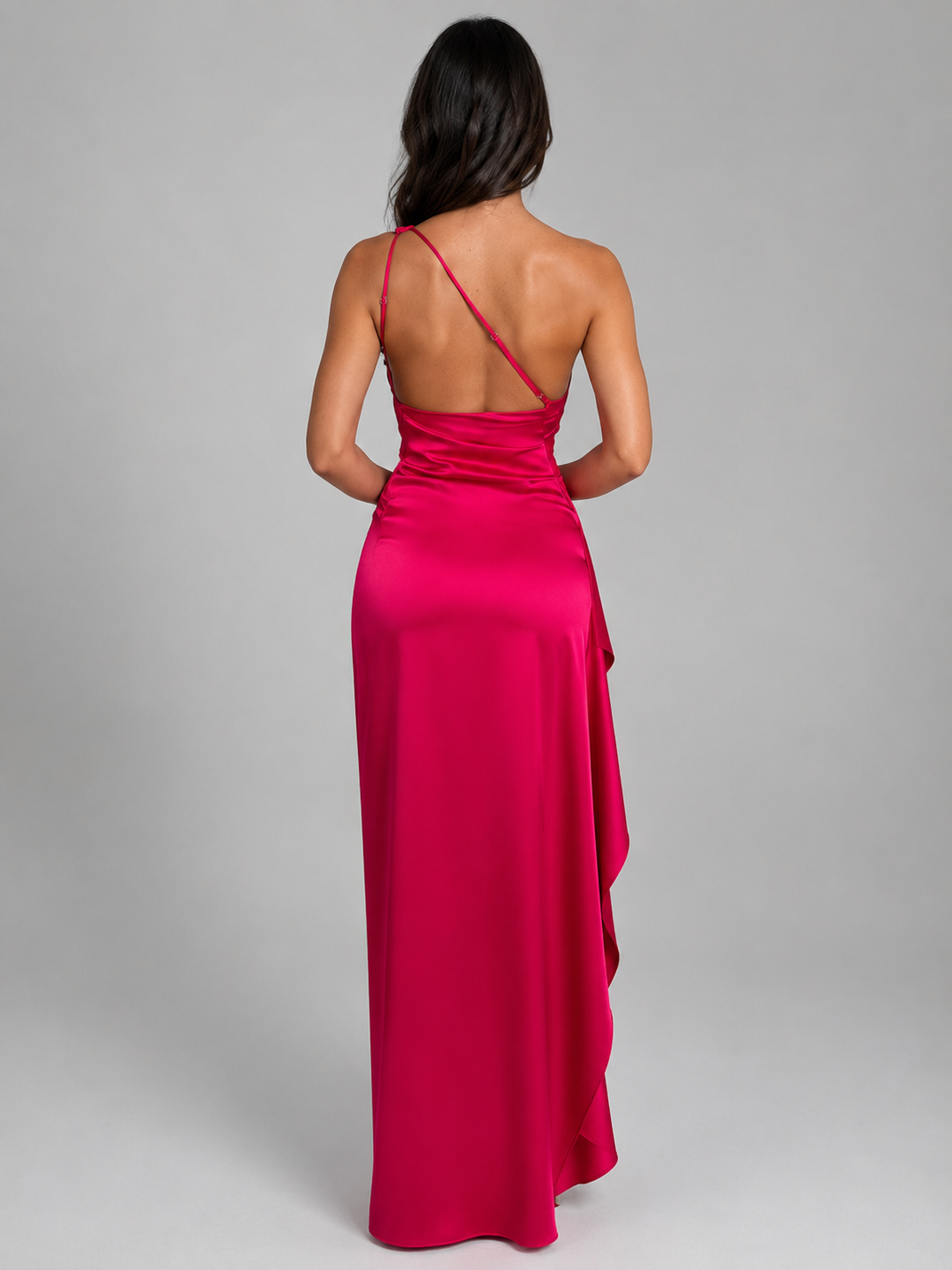 Women's Satin Feel One-Shoulder Maxi Dress – High Split Evening Gown in Rose Red | Invictora.com
