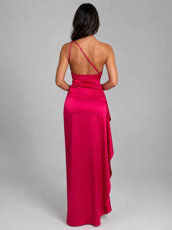 Women's Satin Feel One-Shoulder Maxi Dress – High Split Evening Gown in Rose Red | Invictora.com