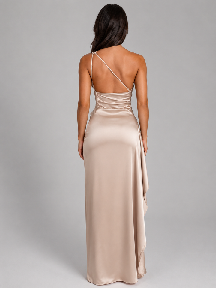 Women's Satin Feel One-Shoulder Maxi Dress – High Split Evening Gown in Champagne | Invictora.com