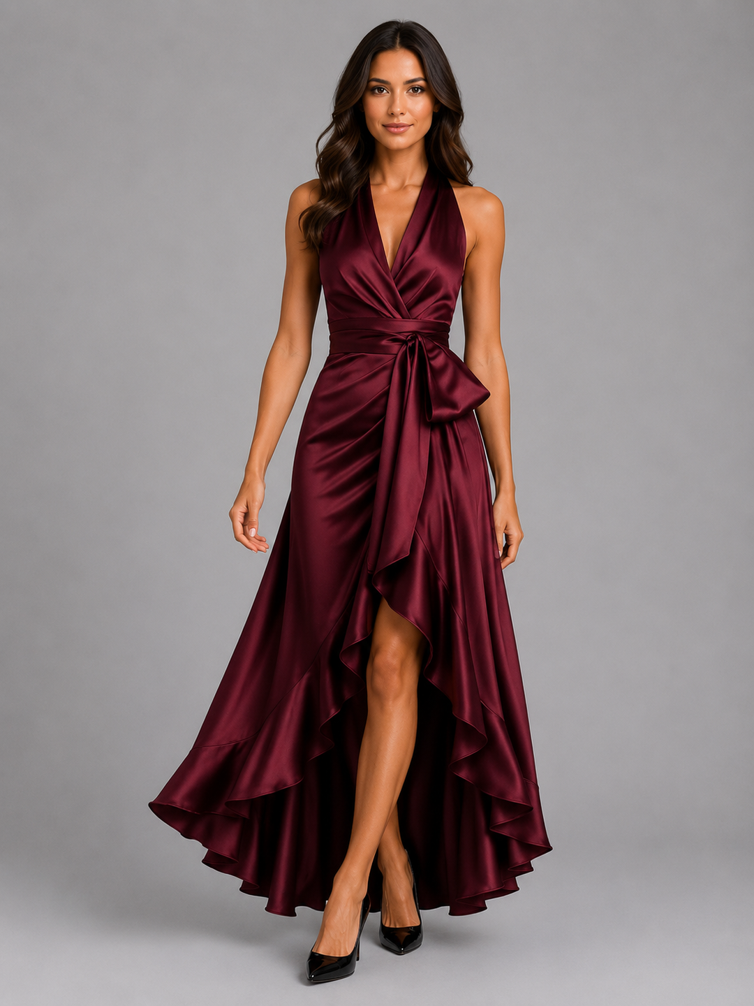 Women's Satin Feel Ruffle Halter Maxi Dress - Evening Gown product image | Invictora.com