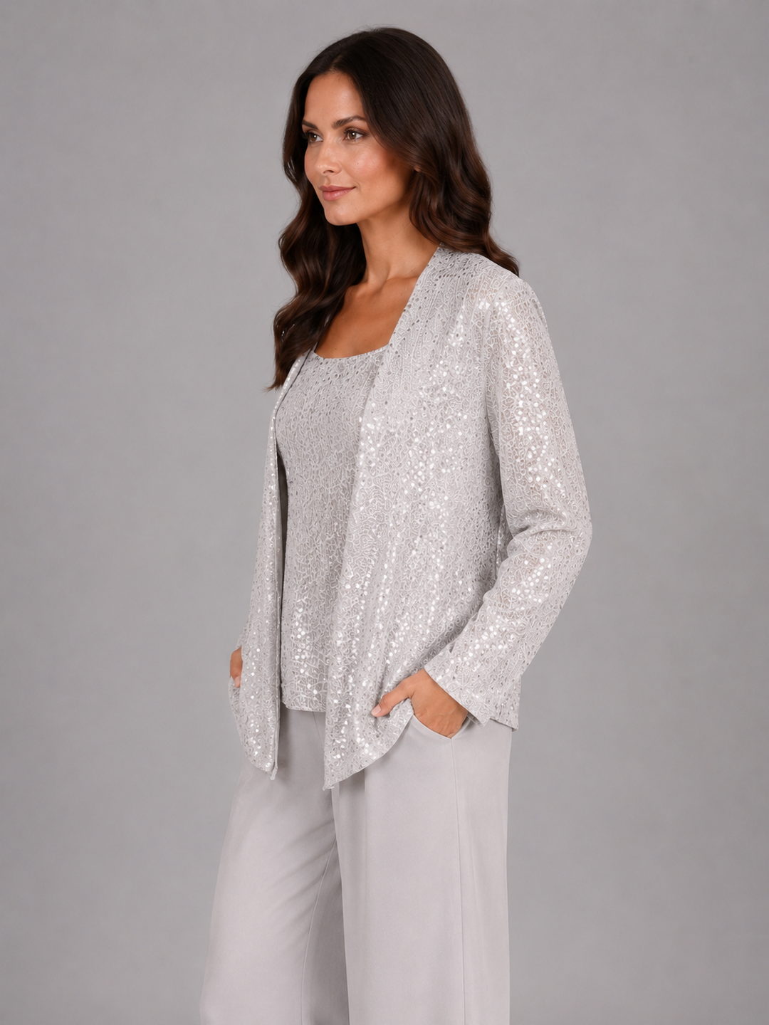 Women's Sequin Three-Piece Trouser Set – Elegant Occasion Co-Ord in Silver | Invictora.com