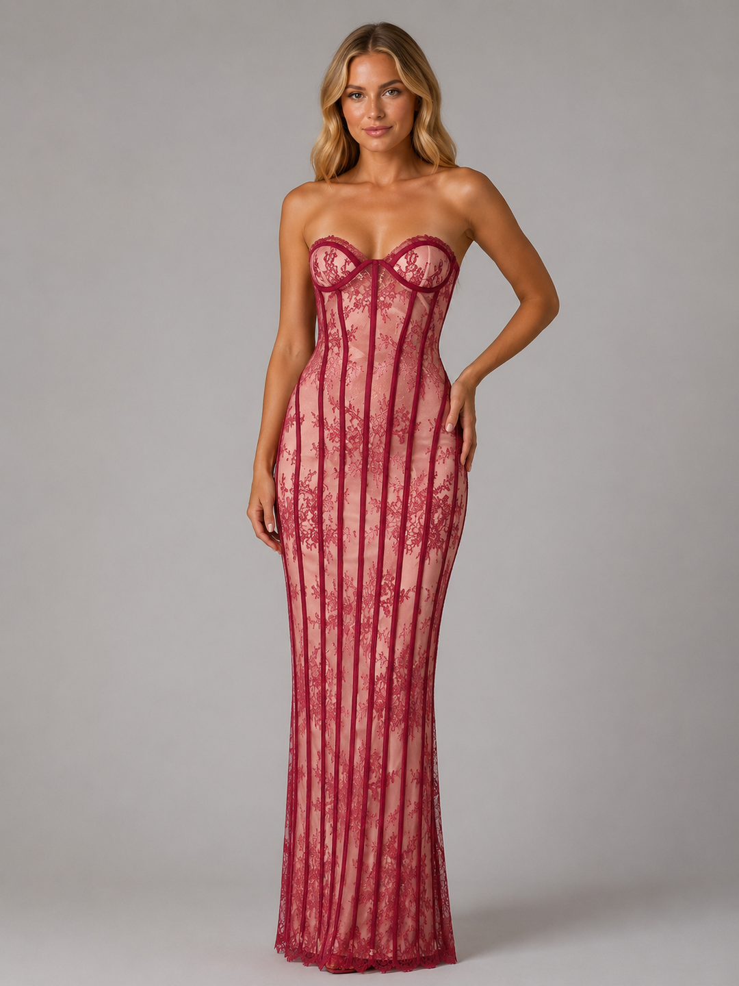 Women's Strapless Lace Corset Maxi Dress - Elegant Evening Gown product image | Invictora.com