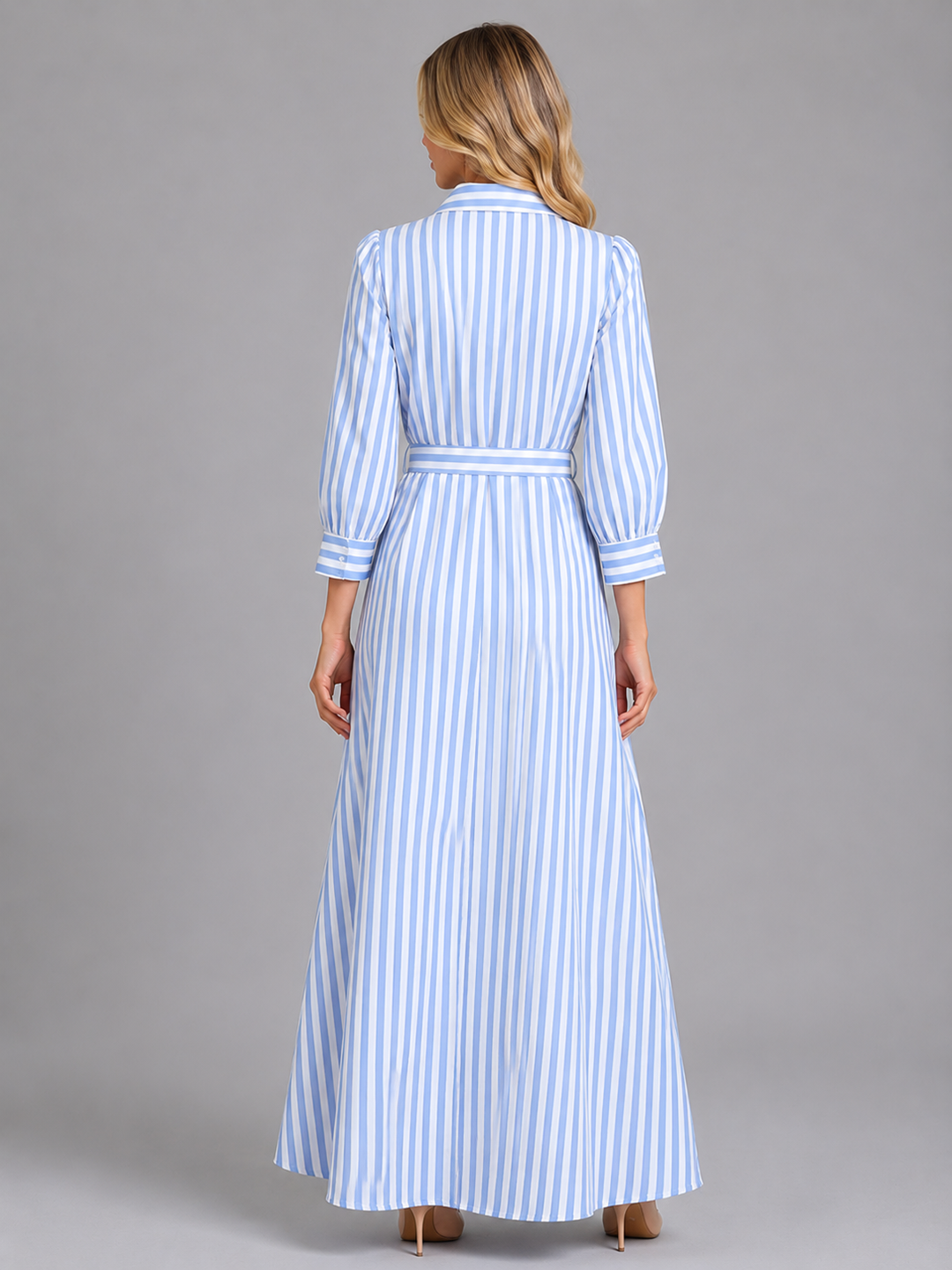 Women's Striped Belted Shirt Maxi Dress – Long Sleeve Button Front in Blue | Invictora.com
