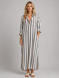 Women's Striped Shirt Dress with Pockets – Long Relaxed Fit