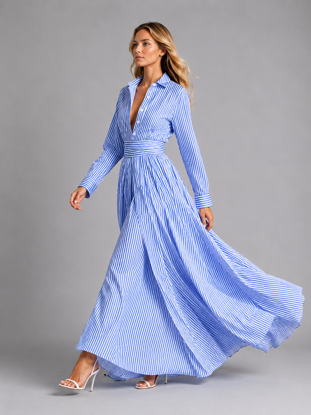 Women's Striped Shirt Maxi Dress - Cinched Waist Flowing Style product image | Invictora.com