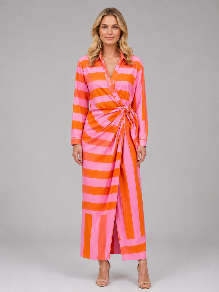 Women's Striped Twist-Knot Midi Dress – Summer Shirt Dress in Orange Pink | Invictora.com