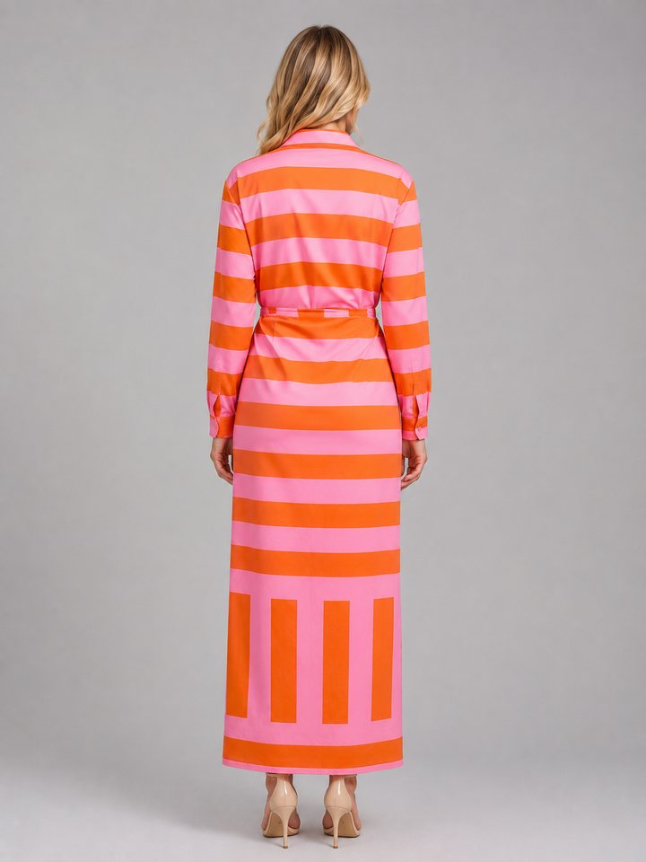 Women's Striped Twist-Knot Midi Dress – Summer Shirt Dress in Orange Pink | Invictora.com