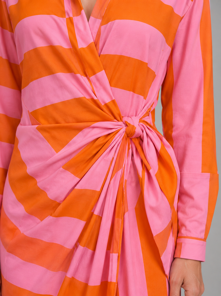 Women's Striped Twist-Knot Midi Dress – Summer Shirt Dress in Orange Pink | Invictora.com