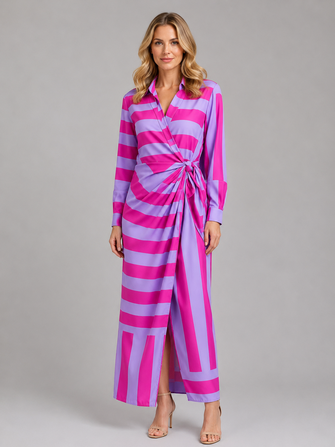 Women's Striped Twist-Knot Midi Dress – Summer Shirt Dress in Navy | Invictora.com