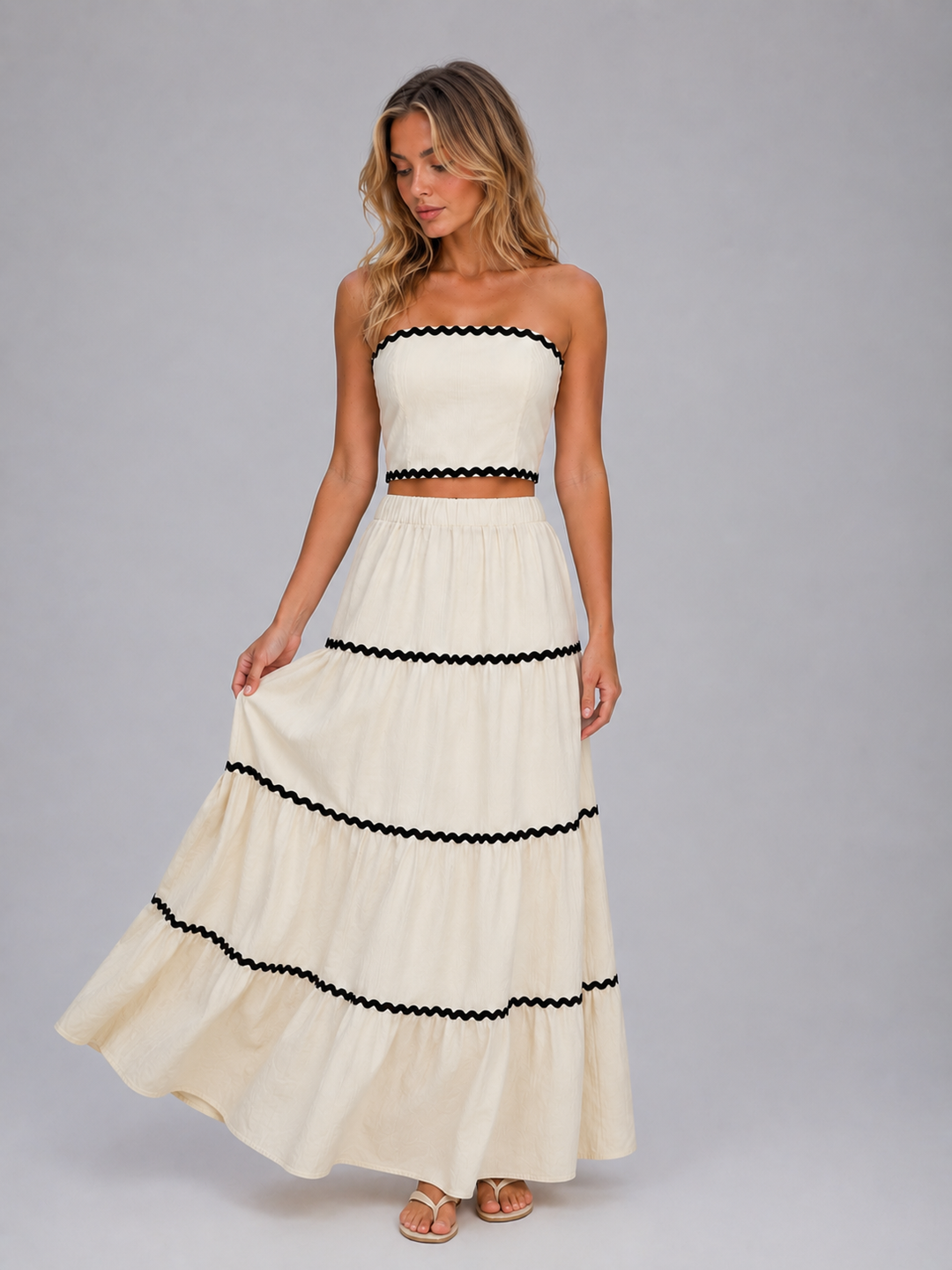 Women's Summer Co-Ord Set – Crop Top & Tiered Maxi Skirt in Cream | Invictora.com