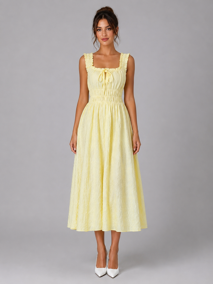 Women's Textured Floral Midi Dress - Shirred Waist & Ruffle Detail product image | Invictora.com