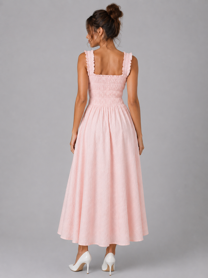 Women's Textured Floral Midi Dress - Shirred Waist & Ruffle Detail product image | Invictora.com