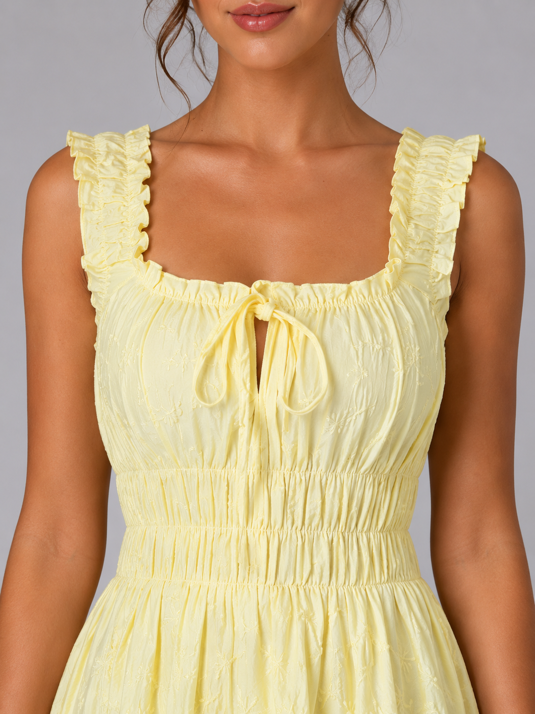 Women's Textured Floral Midi Dress - Shirred Waist & Ruffle Detail product image | Invictora.com