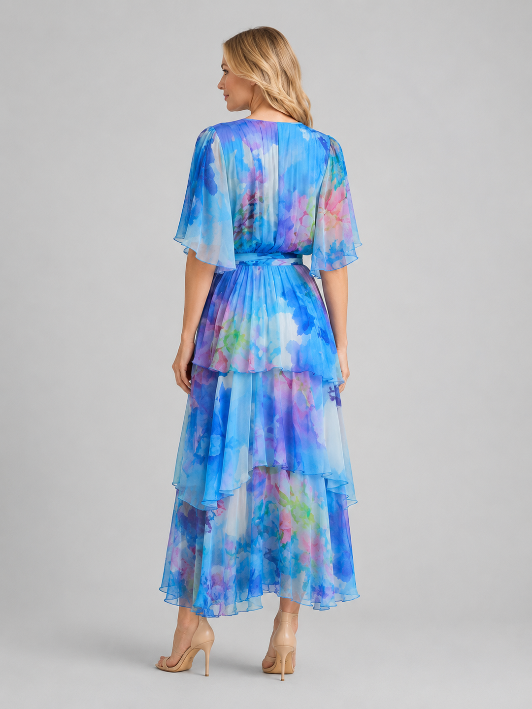 Women's Tiered Chiffon Maxi Dress – Flowing Silhouette in Blue | Invictora.com