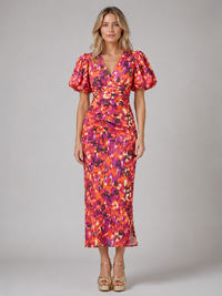 Women's V-Neck Puff Sleeve Midi Dress – Summer Occasion Style