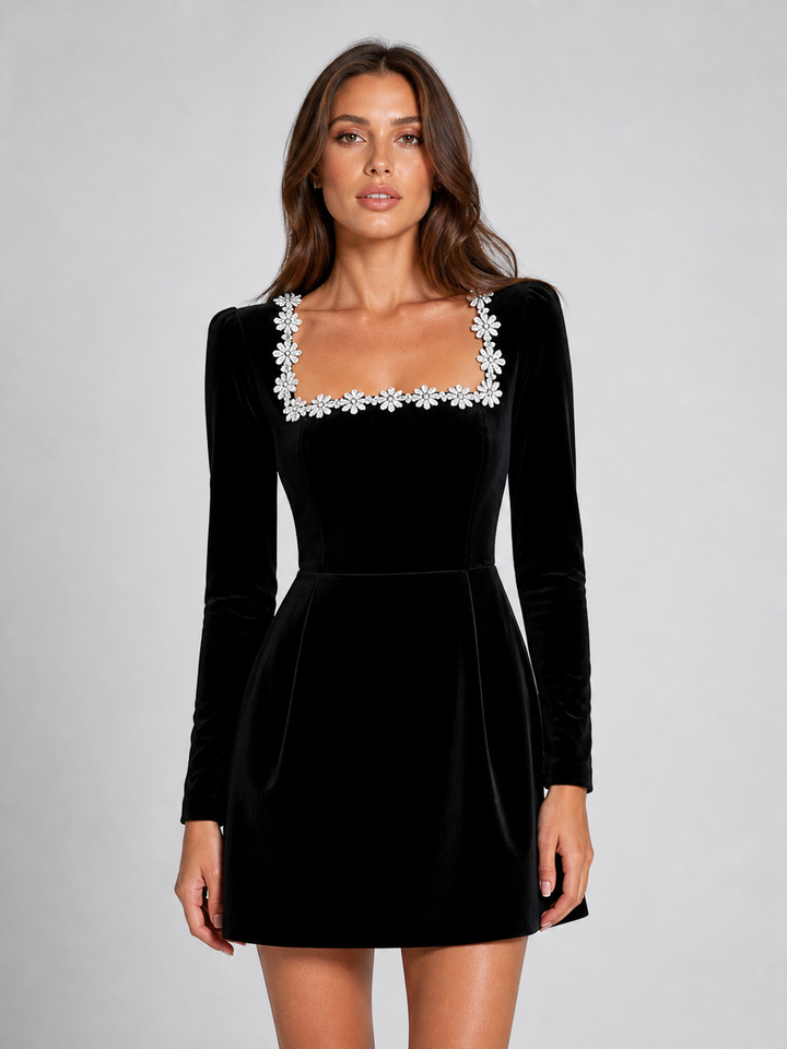 Women's Velvet Crystal Neckline Mini Dress – Elegant Evening Silhouette | Invictora.com