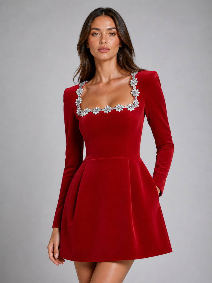 Women's Velvet Crystal Neckline Mini Dress – Elegant Evening Silhouette | Invictora.com