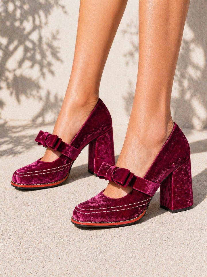Women's Velvet Mary Jane Heels - Bow Detail Block Heel product image | Invictora.com
