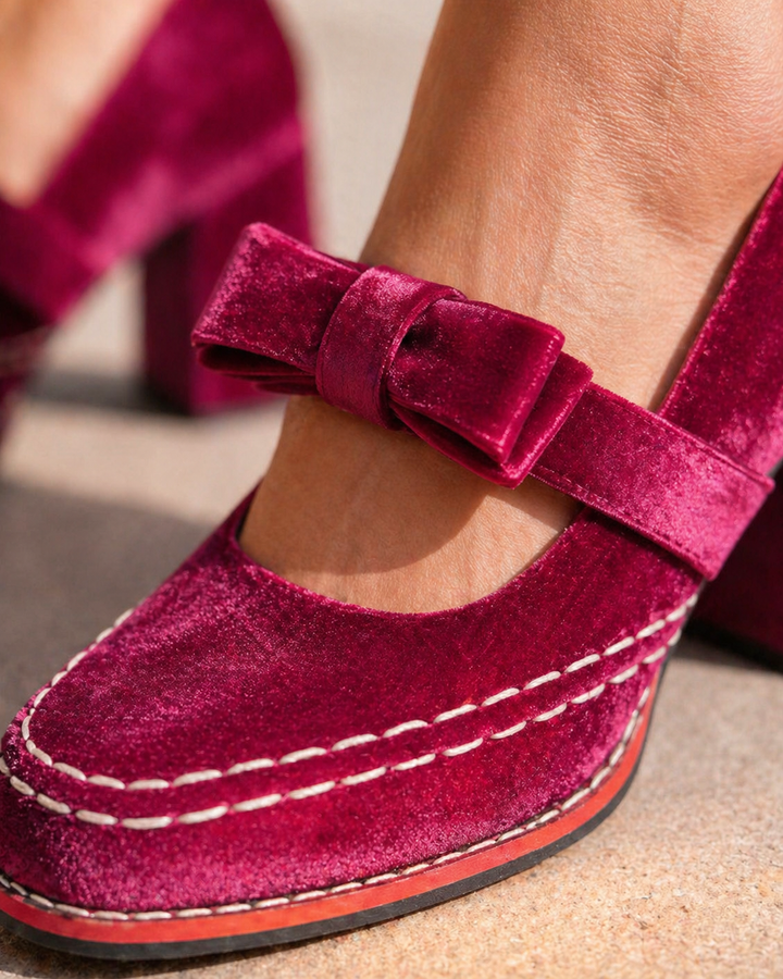 Women's Velvet Mary Jane Heels - Bow Detail Block Heel product image | Invictora.com