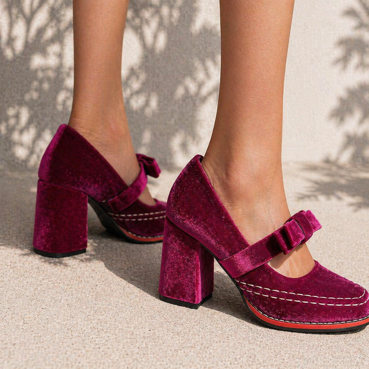 Women's Velvet Mary Jane Heels - Bow Detail Block Heel product image | Invictora.com